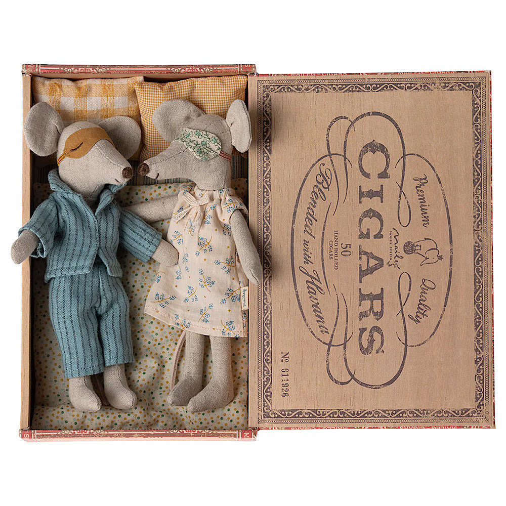 Maileg Maileg Mum & Dad Mouse - Cigarbox - Blue Stripes & Flowers