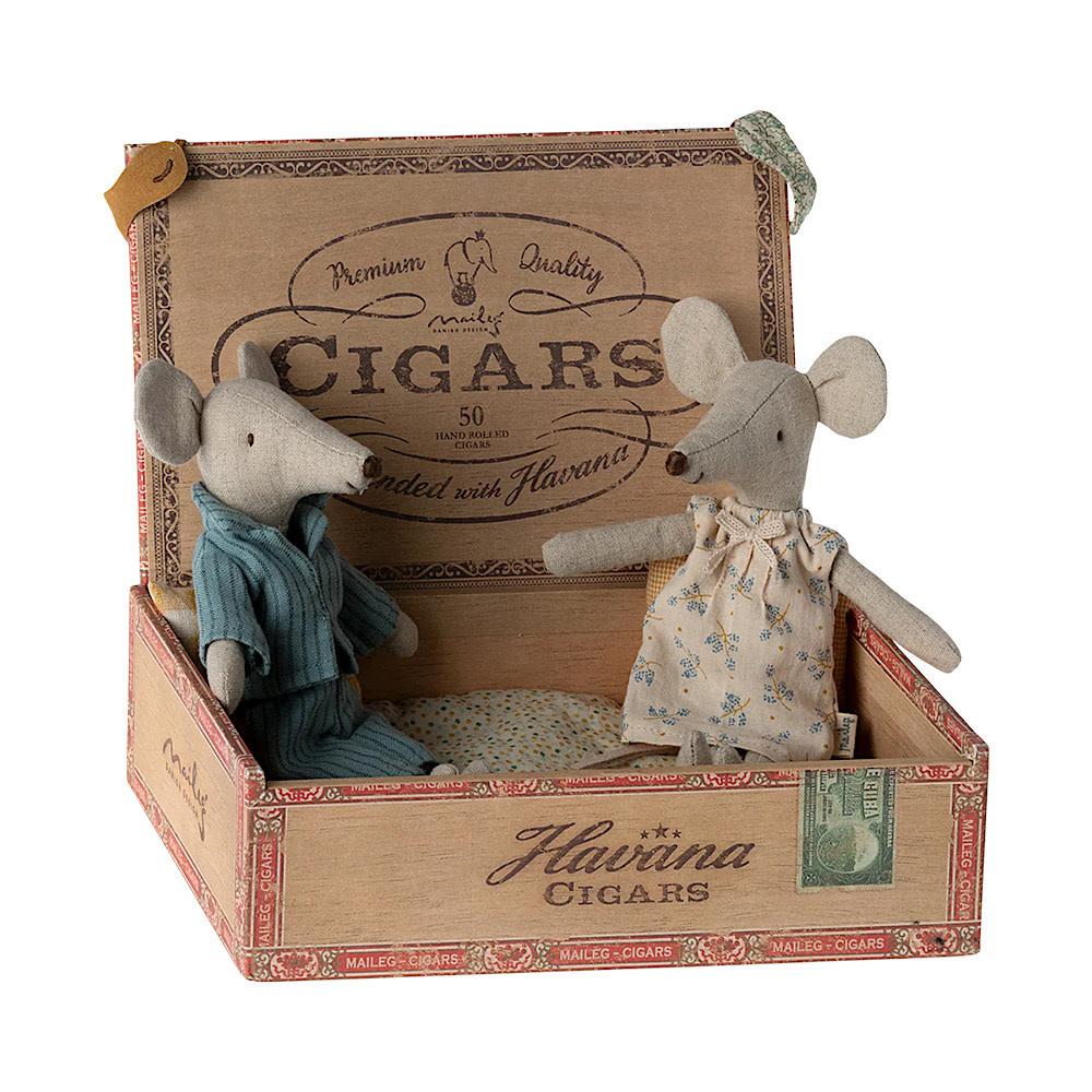 Maileg Mum & Dad Mouse - Cigarbox - Blue Stripes & Flowers