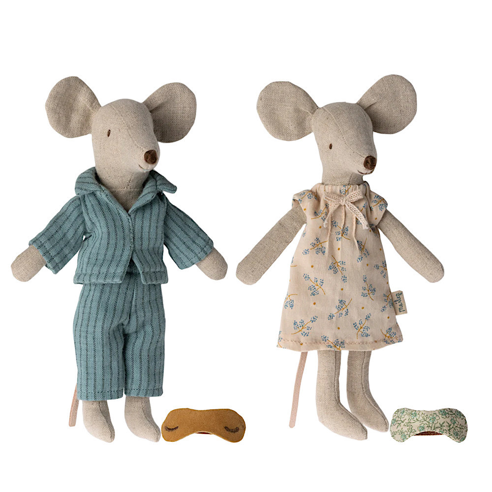 Maileg Mum & Dad Mouse - Cigarbox - Blue Stripes & Flowers