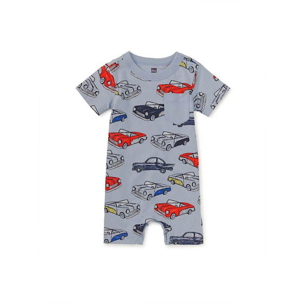 Tea Collection Pocket Shortie Baby Romper - Cuban Cars