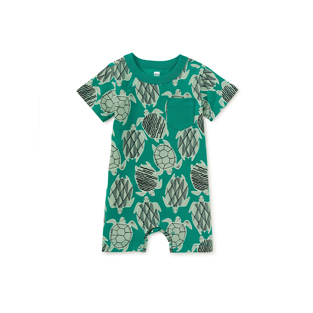 Tea Collection Pocket Shortie Baby Romper - Tiled Turtles