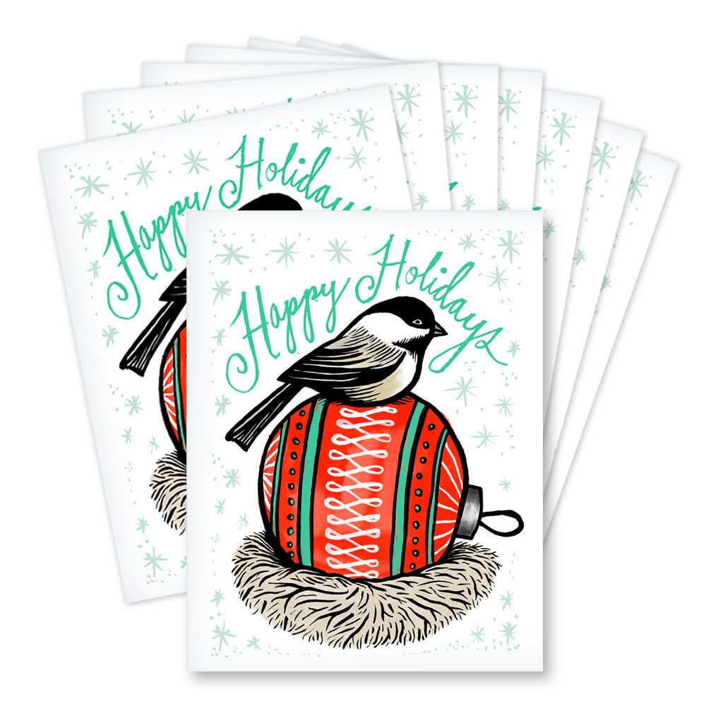 Daytrip Society - Happy Holidays Chickadee Ball Card - Box Set of 8