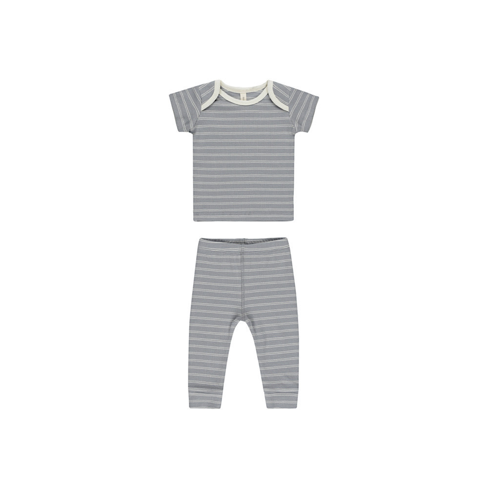 Quincy Mae Ribbed Short Sleeve Tee + Legging Set - Blue Pinstripe