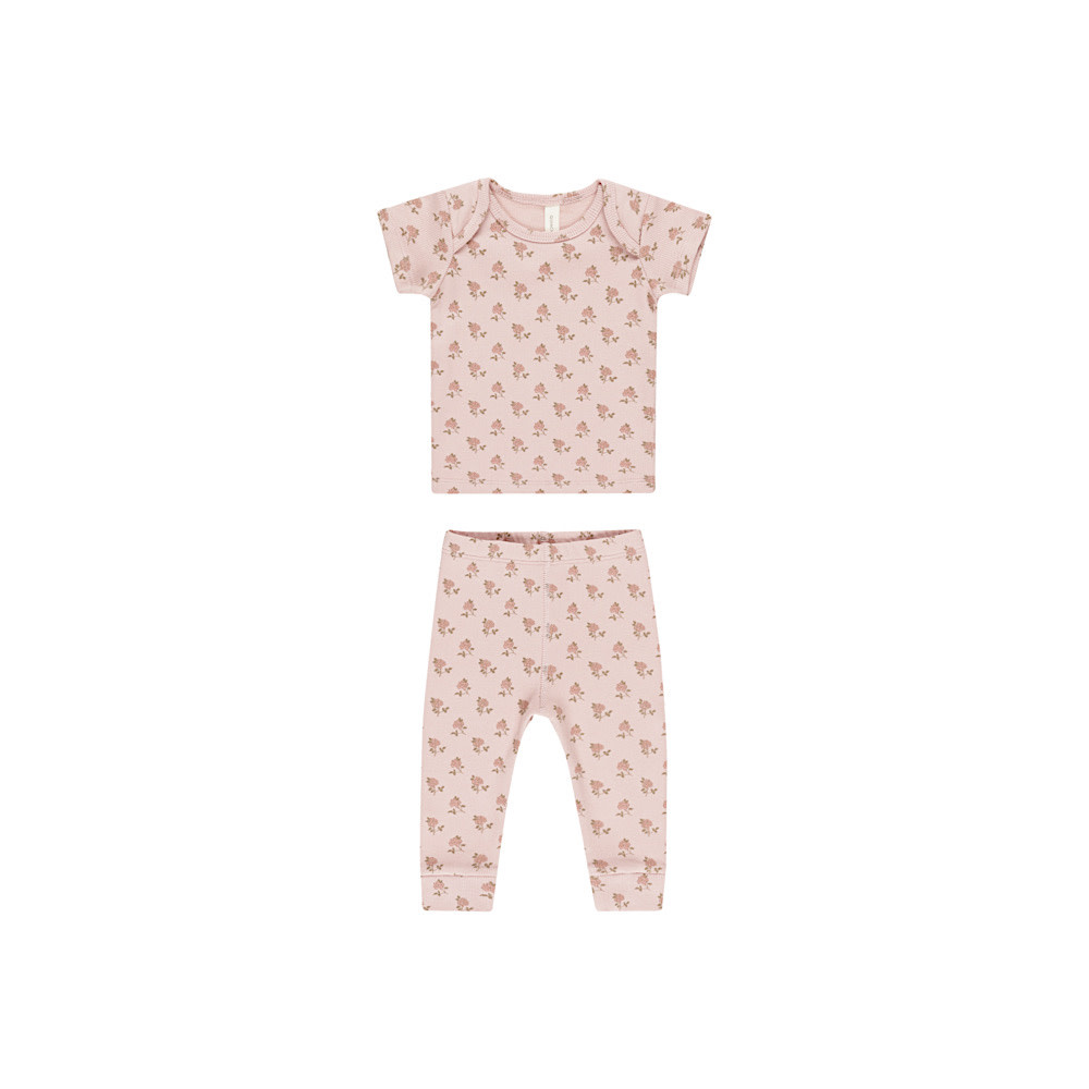 Quincy Mae Ribbed Short Sleeve Tee + Legging Set - Rose