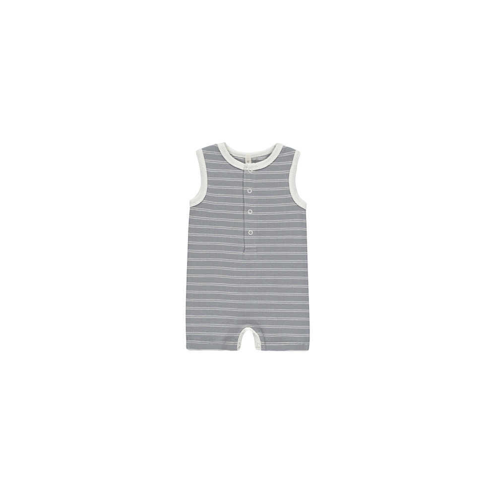 Quincy Mae Quincy Mae Ribbed Henley Romper - Blue Pinstripe