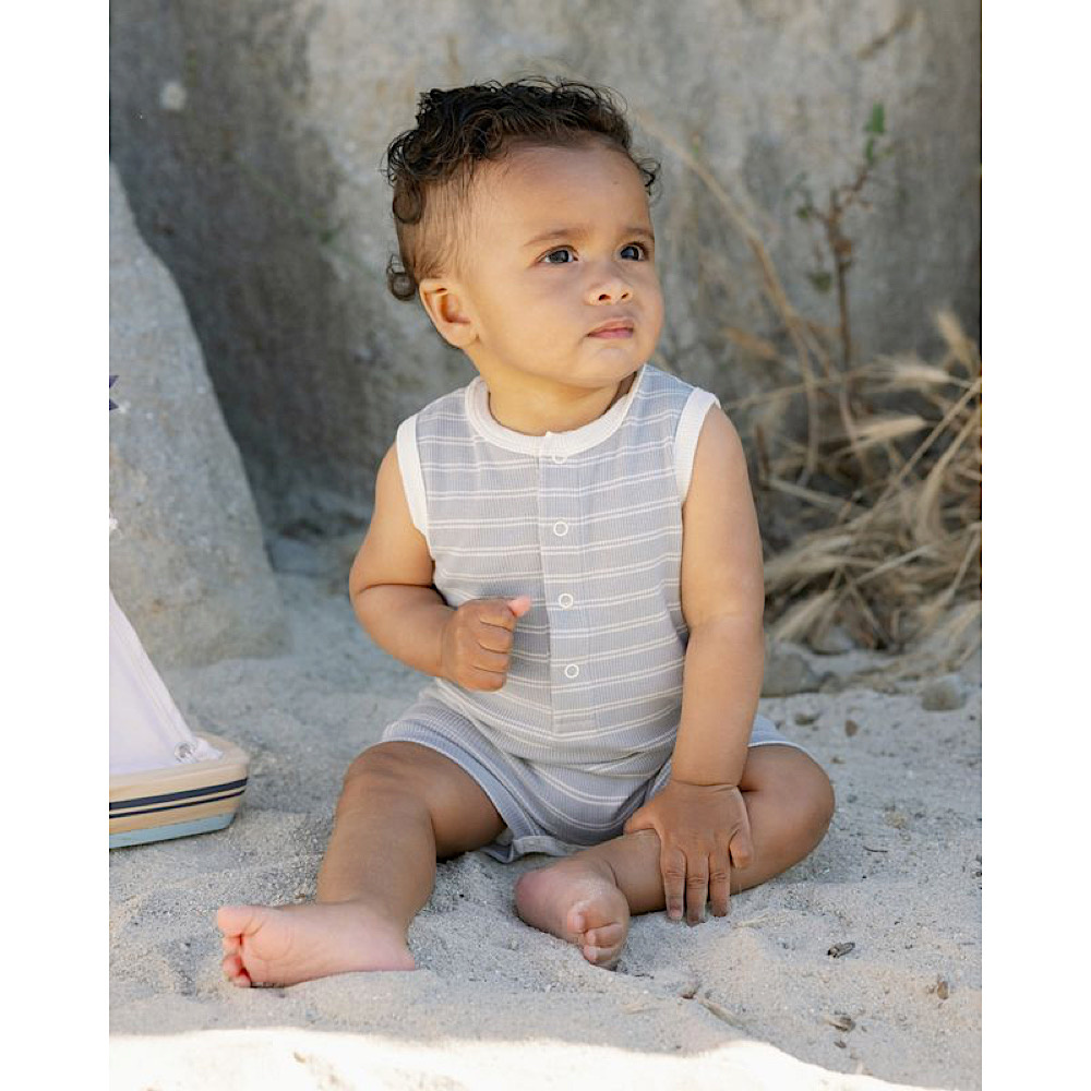 Quincy Mae Ribbed Henley Romper - Blue Pinstripe
