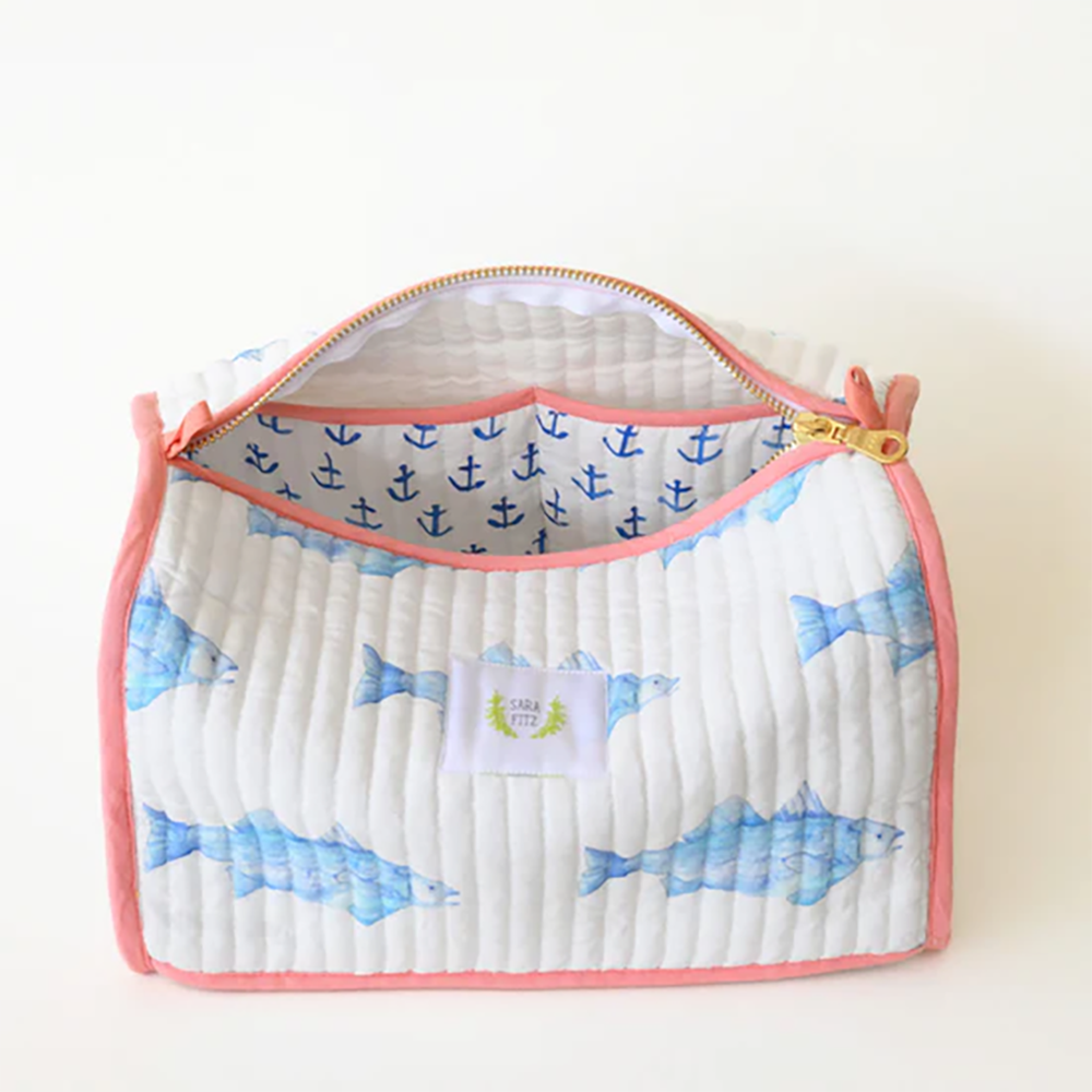 Sara Fitz Quilted Cosmetic Pouch - Blue Fish