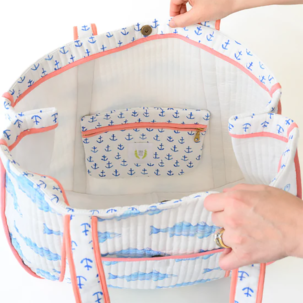 Sara Fitz Quilted Expandable Tote - Blue Fish