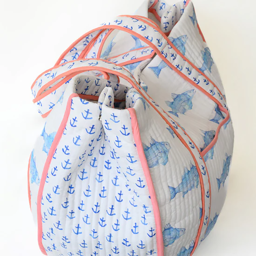 Sara Fitz Quilted Expandable Tote - Blue Fish