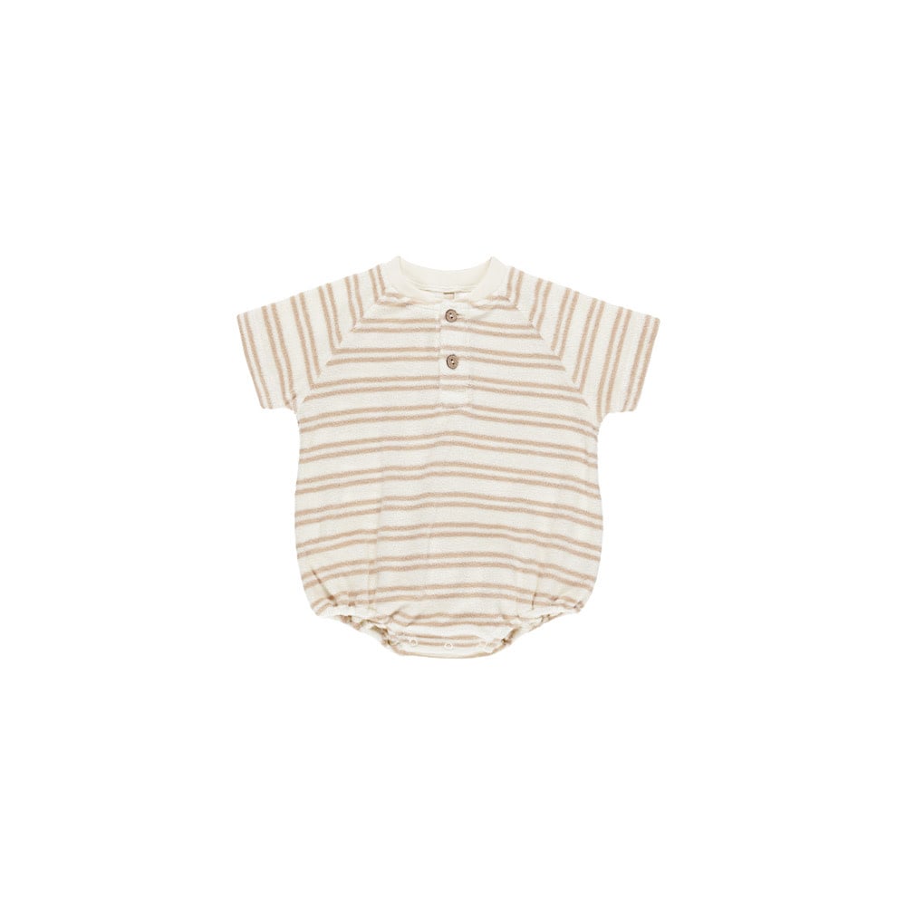 Quincy Mae Terry Henley Romper - Oat Stripe