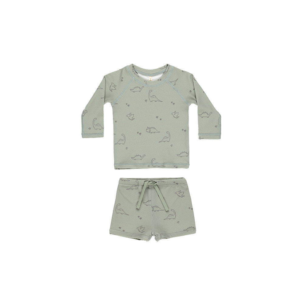 Quincy Mae Finn Swim Rashguard + Short Set - Dino Sage