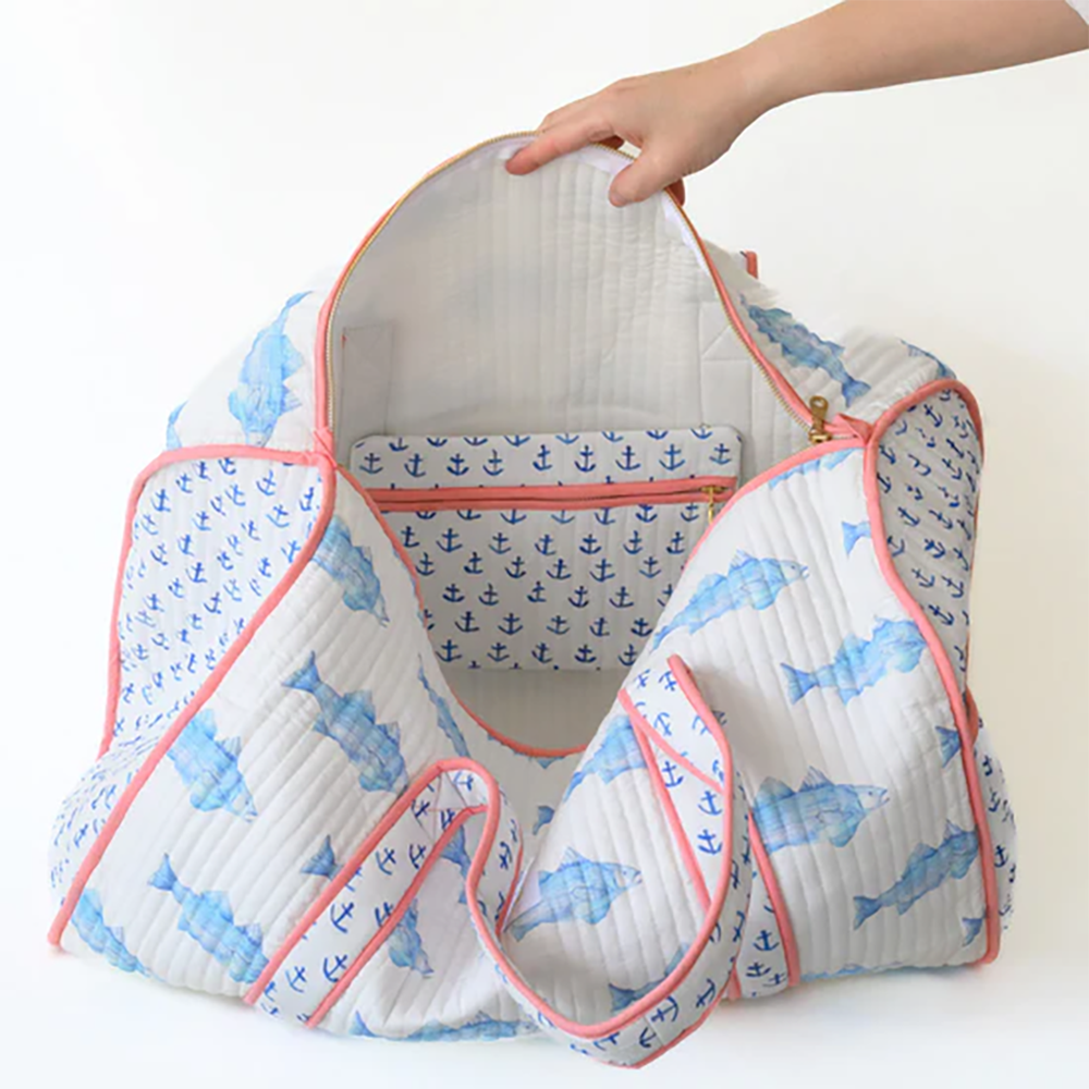 Sara Fitz Quilted Weekender Tote - Blue Fish