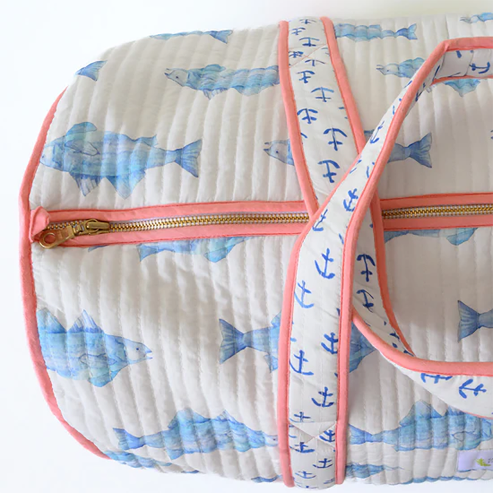 Sara Fitz Quilted Weekender Tote - Blue Fish