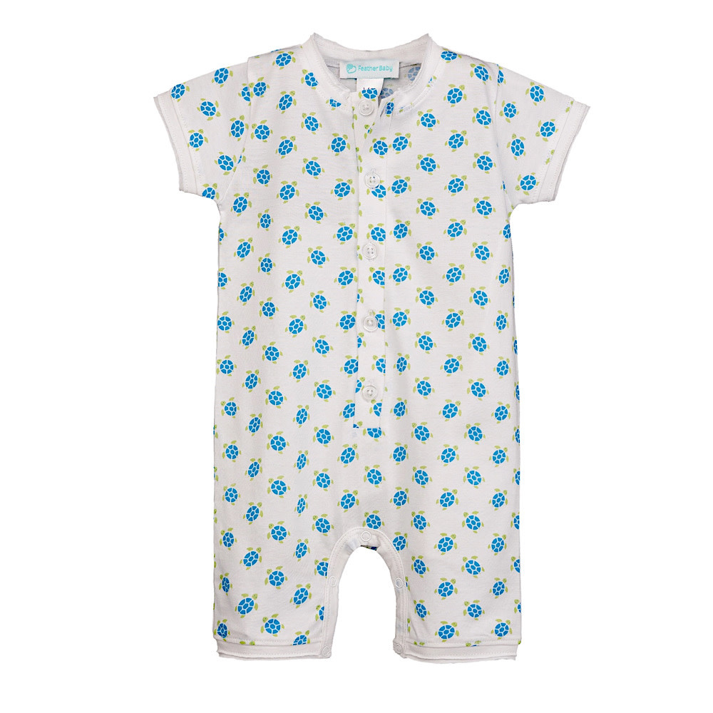 Feather Baby Henley Romper - Turtles On White