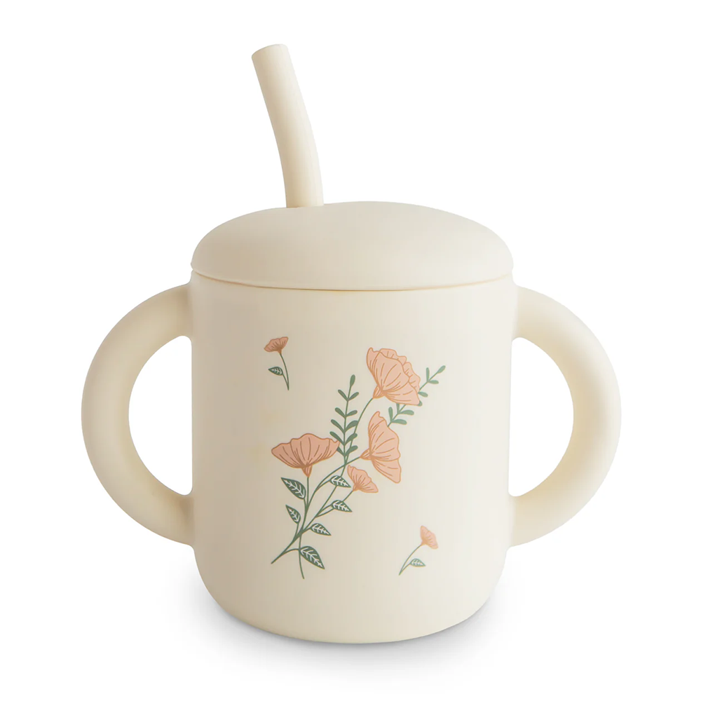 Mushie Mushie Silicone Training Cup & Straw - Pink Flowers