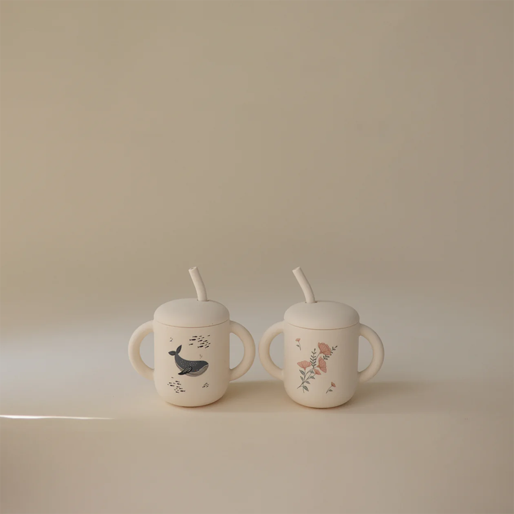 Mushie Silicone Training Cup & Straw - Pink Flowers