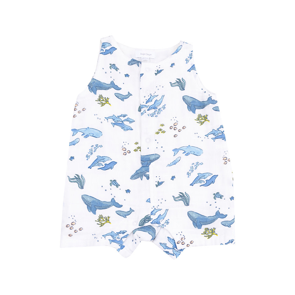 Angel Dear Sleeveless Shortie Romper - Watercolor Blue Whales