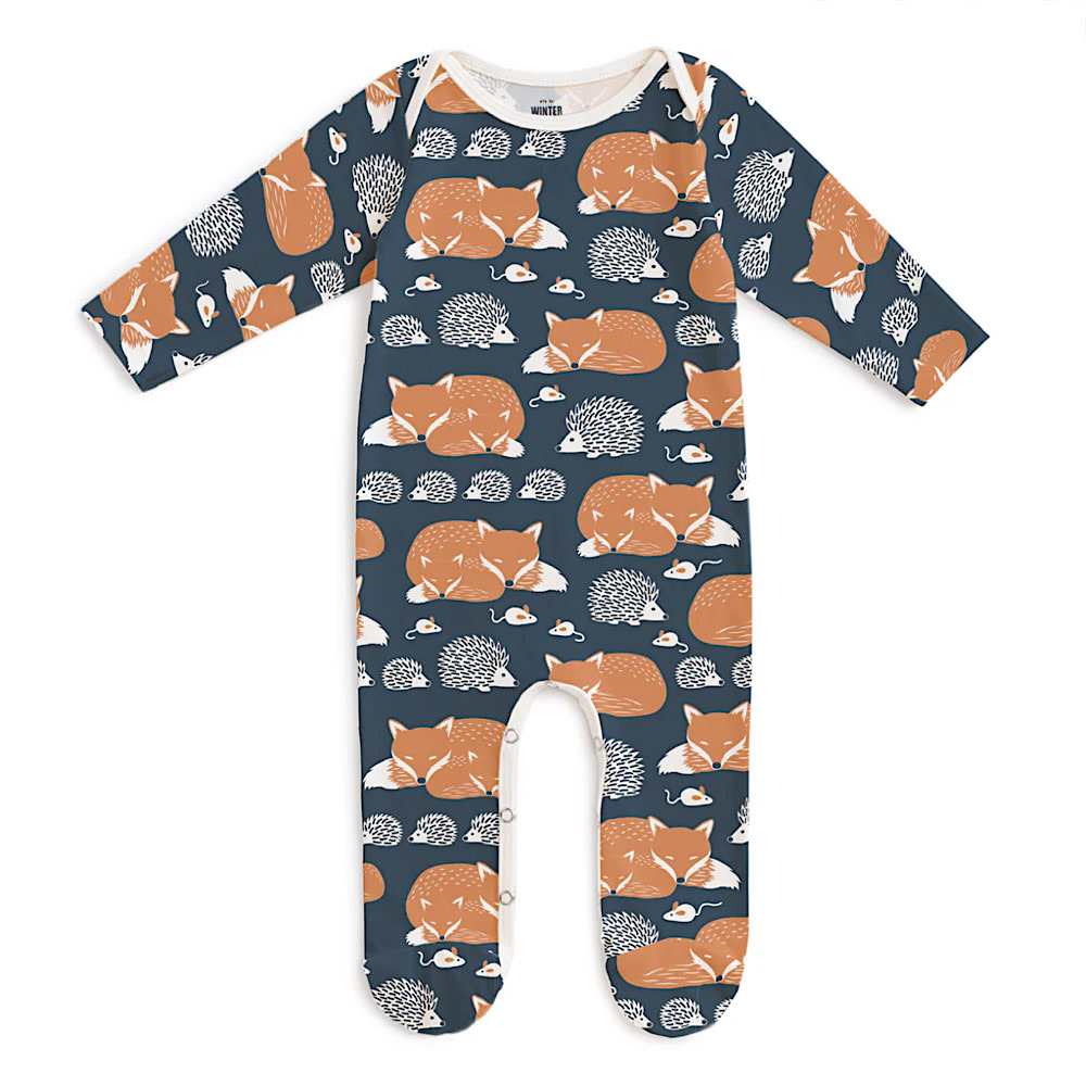 Winter Water Factory Footed Romper - Foxes & Hedgehogs Night Sky