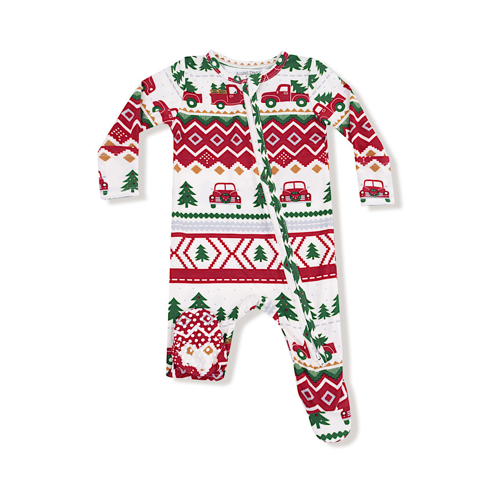 Angel Dear 2 Way Zipper Footie Romper - Red Truck Fair Isle
