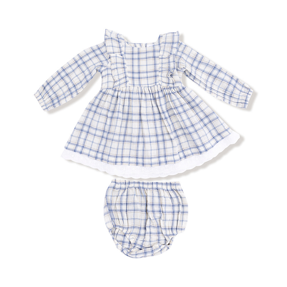 Angel Dear Long Sleeve Dress w/ Eyelet Hem - Blue Plaid