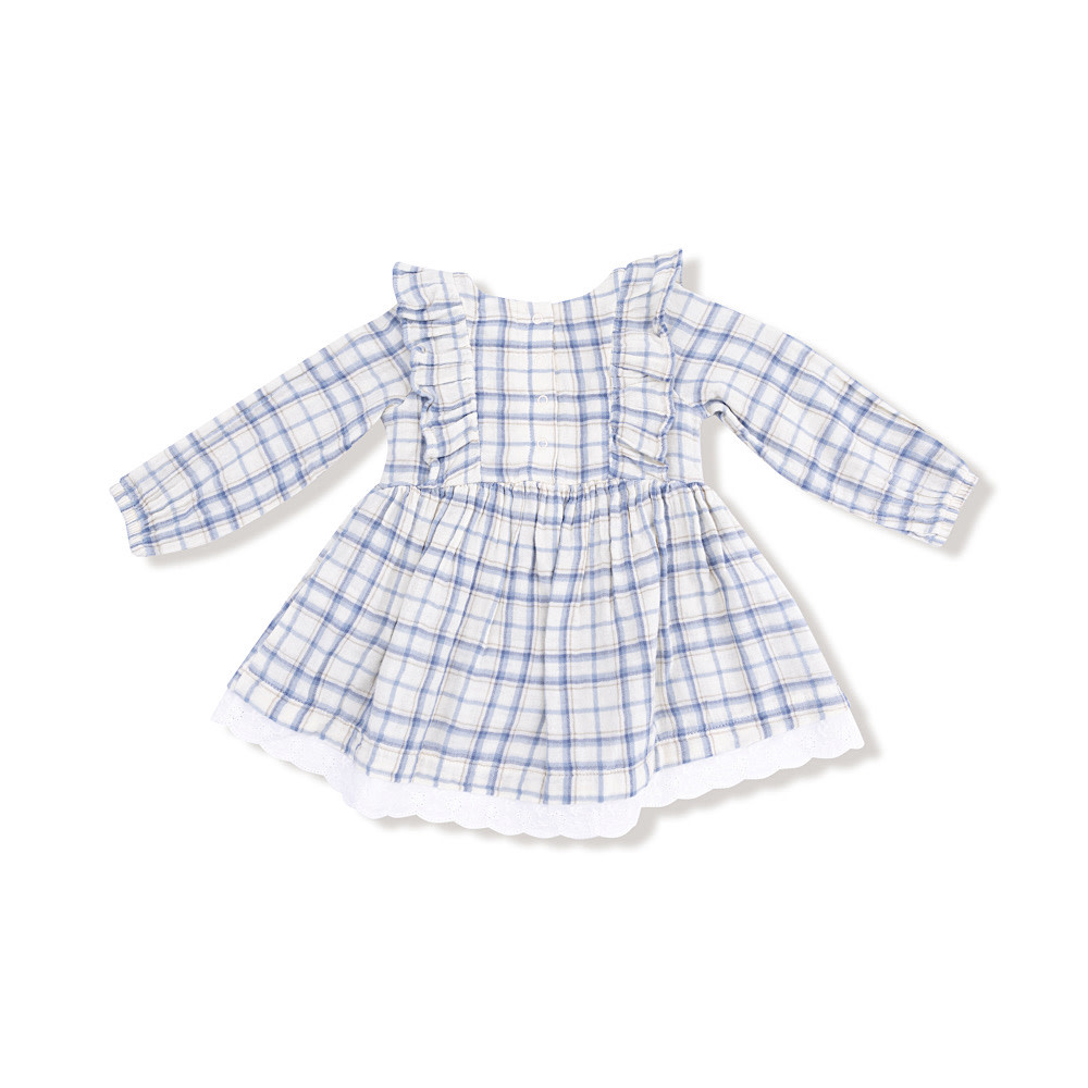 Angel Dear Long Sleeve Dress w/ Eyelet Hem - Blue Plaid