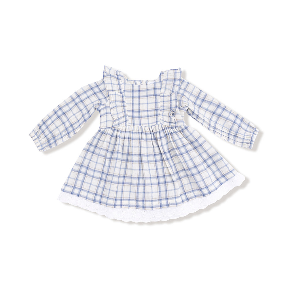 Angel Dear Long Sleeve Dress w/ Eyelet Hem - Blue Plaid
