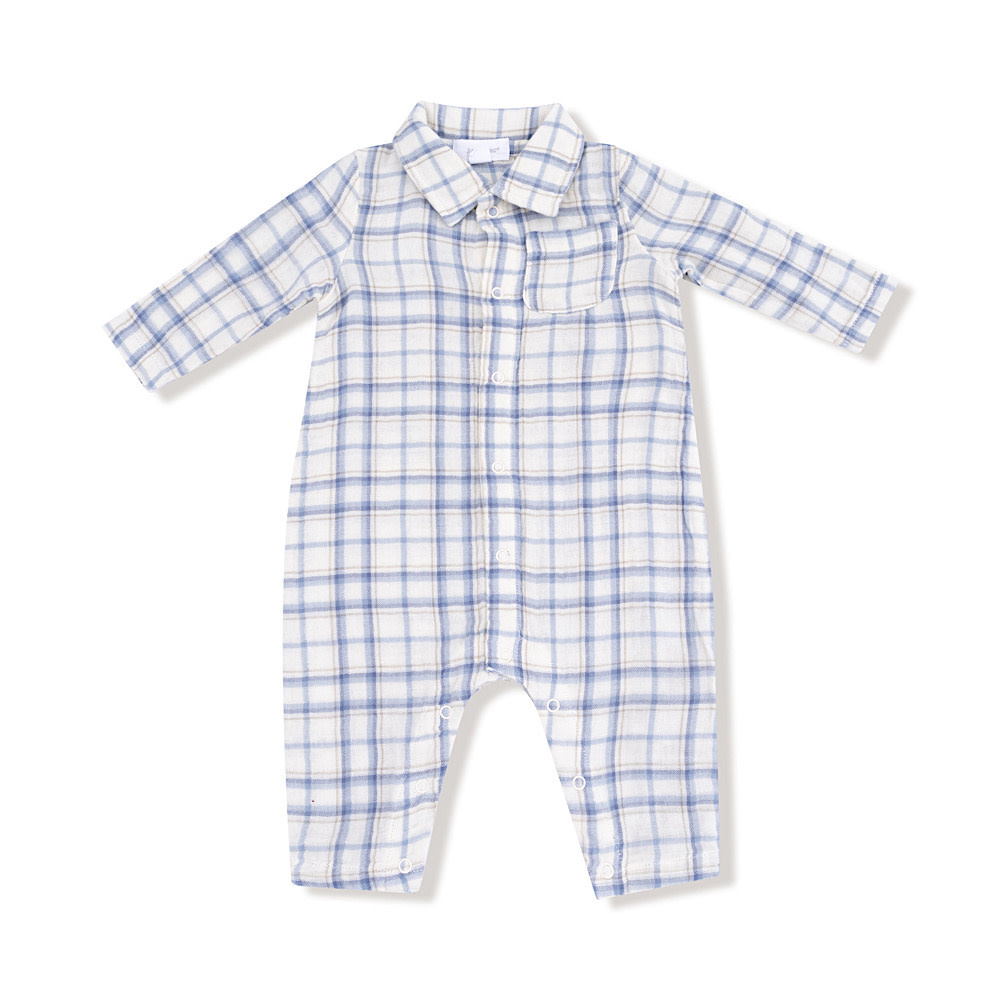 Angel Dear Angel Dear Long Sleeve Romper w/ Full Placket - Blue Plaid