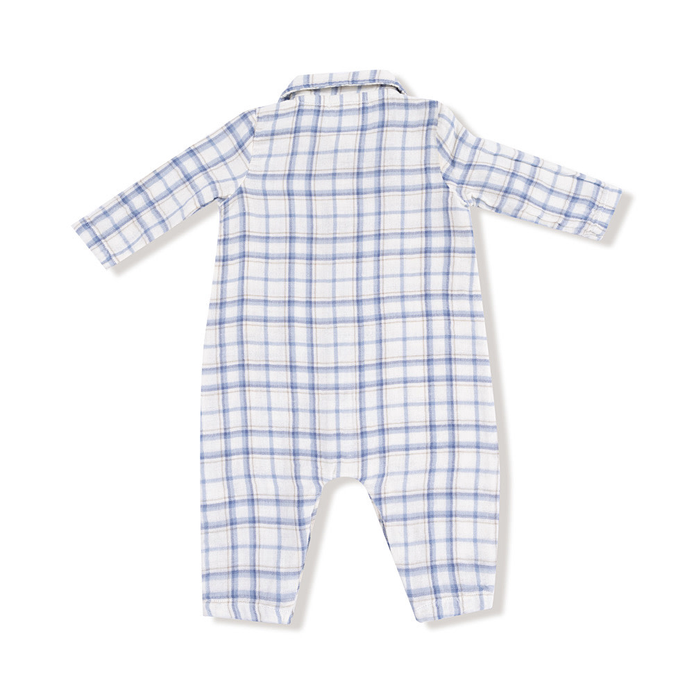 Angel Dear Long Sleeve Romper w/ Full Placket - Blue Plaid