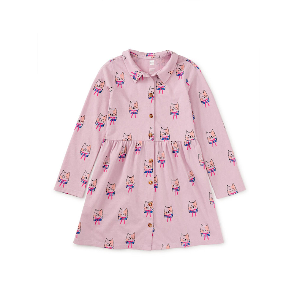 Tea Collection Tea Collection Collared Long Sleeve Shirt Dress - Bow Tie Cats