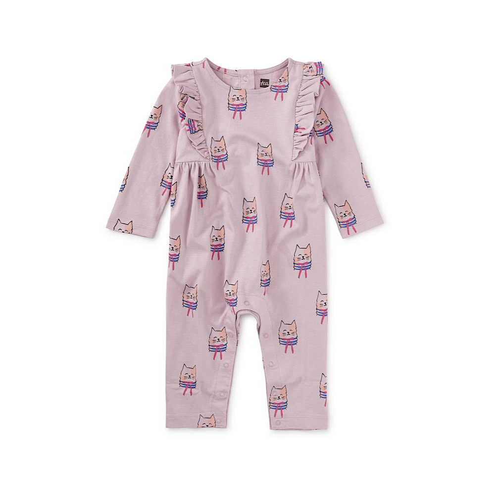 Tea Collection Tea Collection Ruffle Shoulder Baby Romper - Bow Tie Cats
