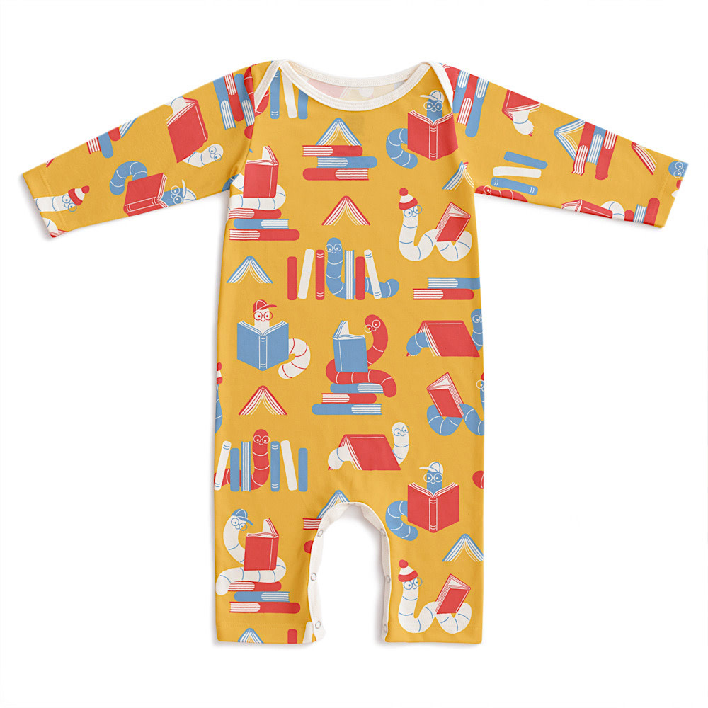 Winter Water Factory Winter Water Factory Long Sleeve Romper - Bookworms Yellow