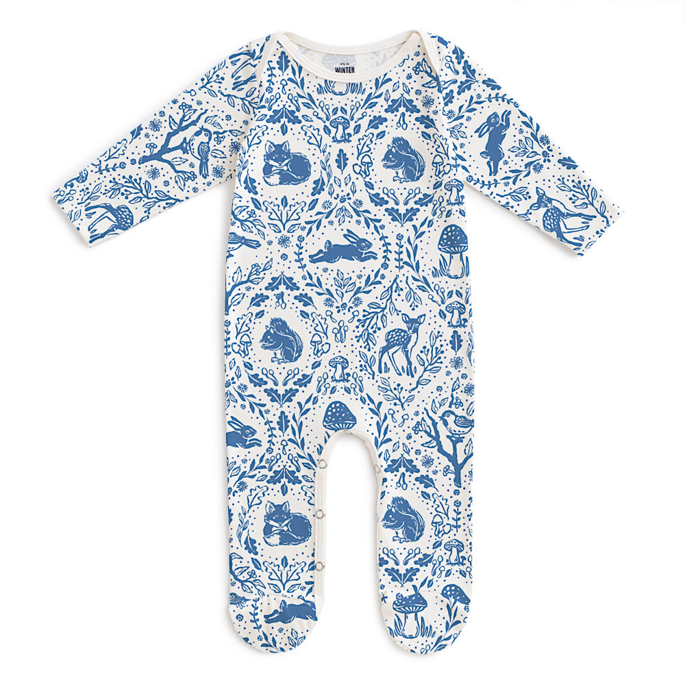 Winter Water Factory Long Sleeve Footed Romper - Animal Tapestry Delft Blue