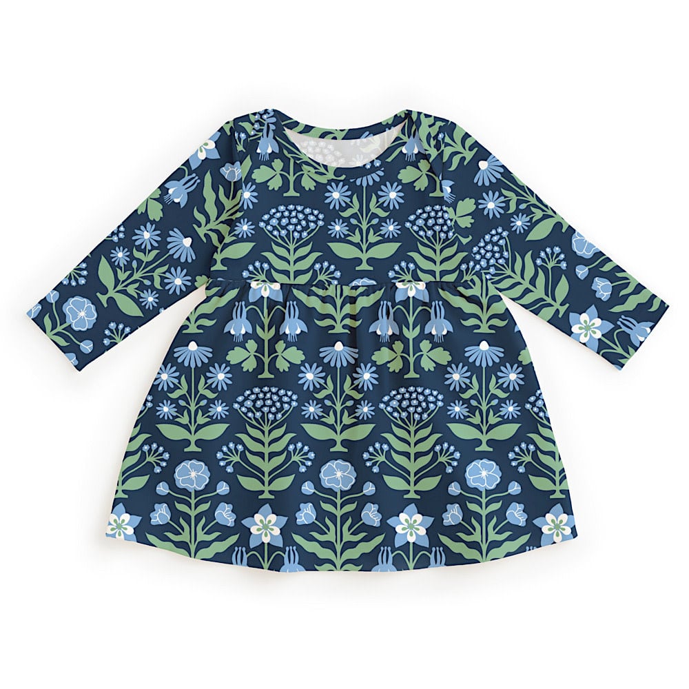 Winter Water Factory Lausanne Baby Dress - Blockprint Floral Blue & Green