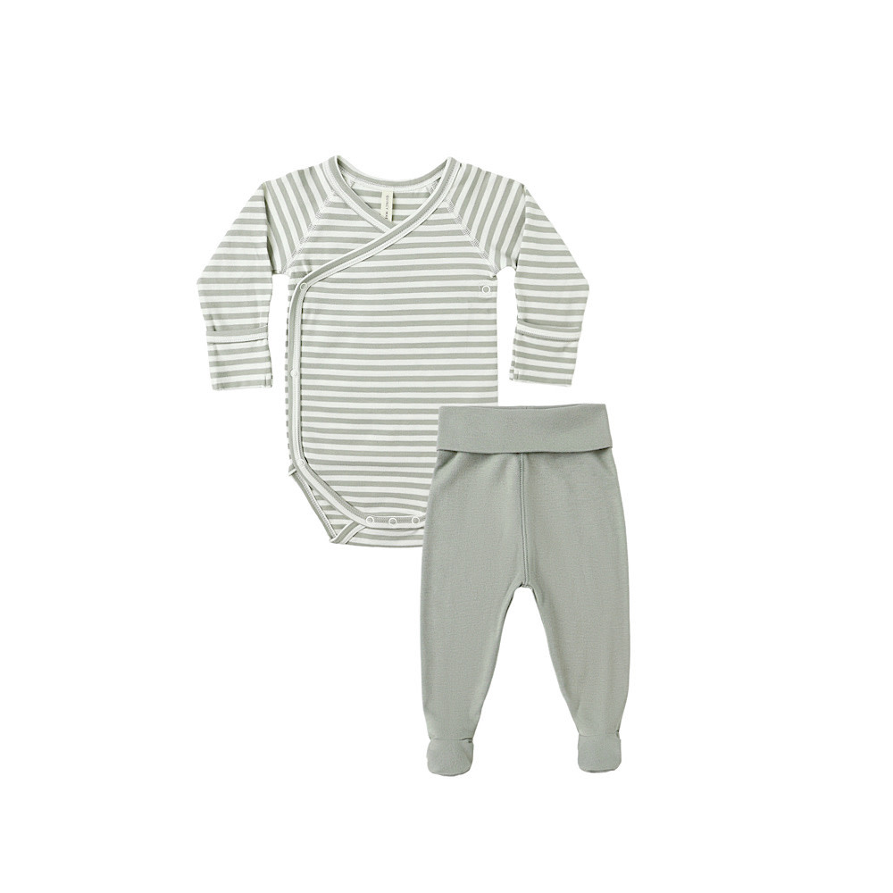 Quincy Mae Quincy Mae Side Snap Bodysuit + Pant Set - Fern Stripe