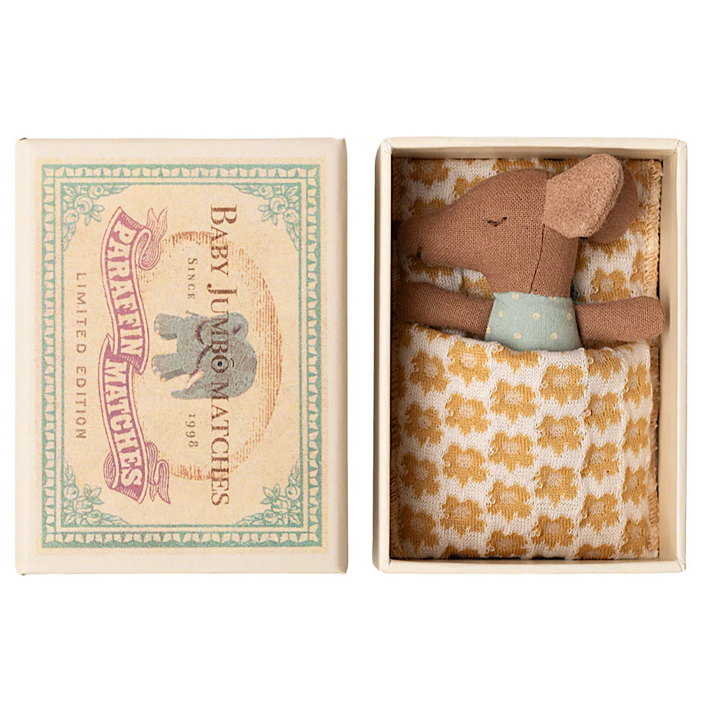 Maileg Sleepy Wakey Baby Boy Mouse - Matchbox - Blue Dot Yellow Blanket
