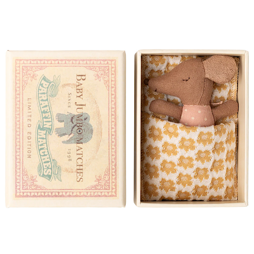 Maileg Sleepy Wakey Baby Boy Mouse - Matchbox - Rose Dot Yellow Blanket