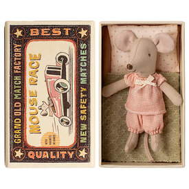 Maileg Maileg Little Sister Mouse - Matchbox - Pink Plaid