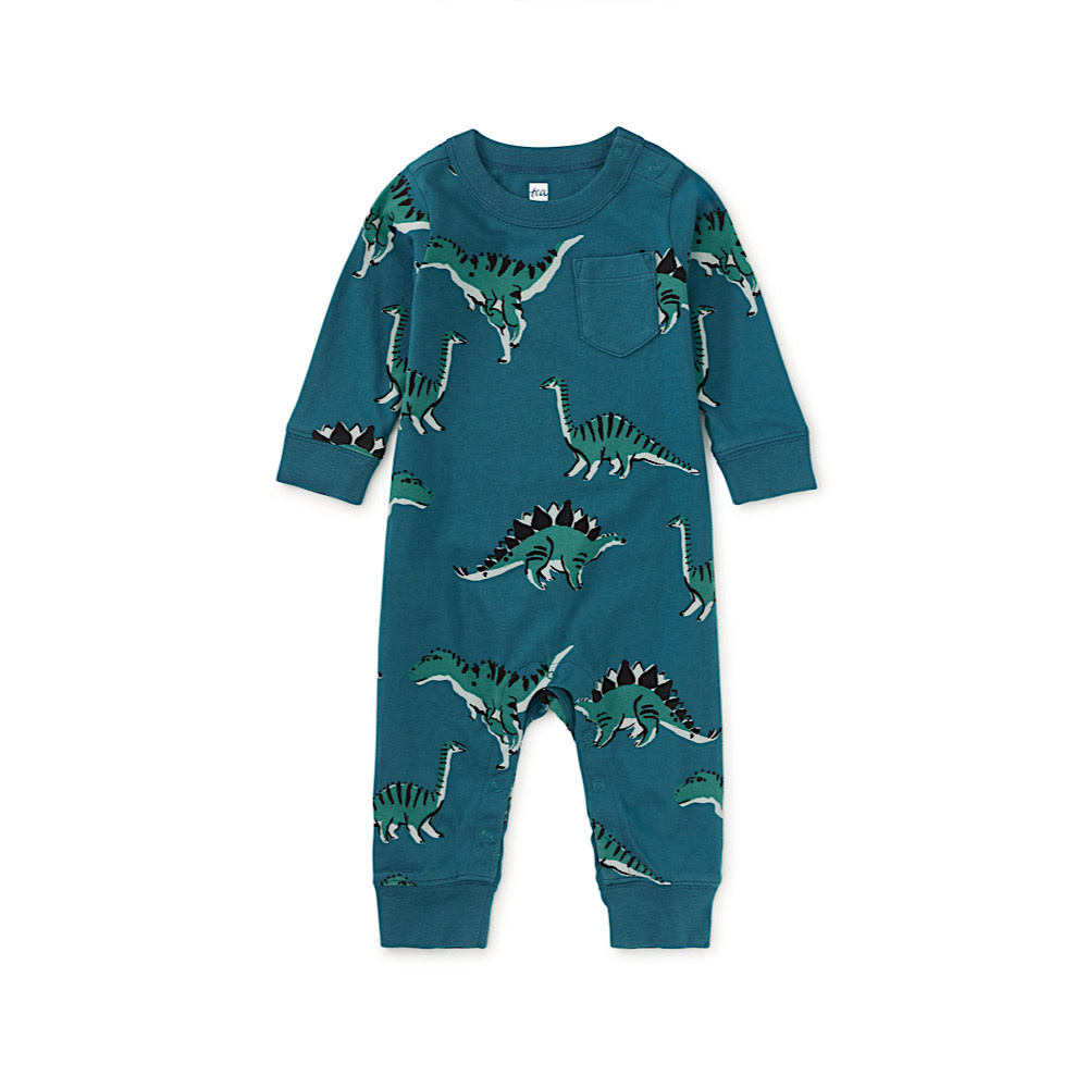 Tea Collection Tea Collection Long Sleeve Pocket Baby Romper - Dynamic Dino