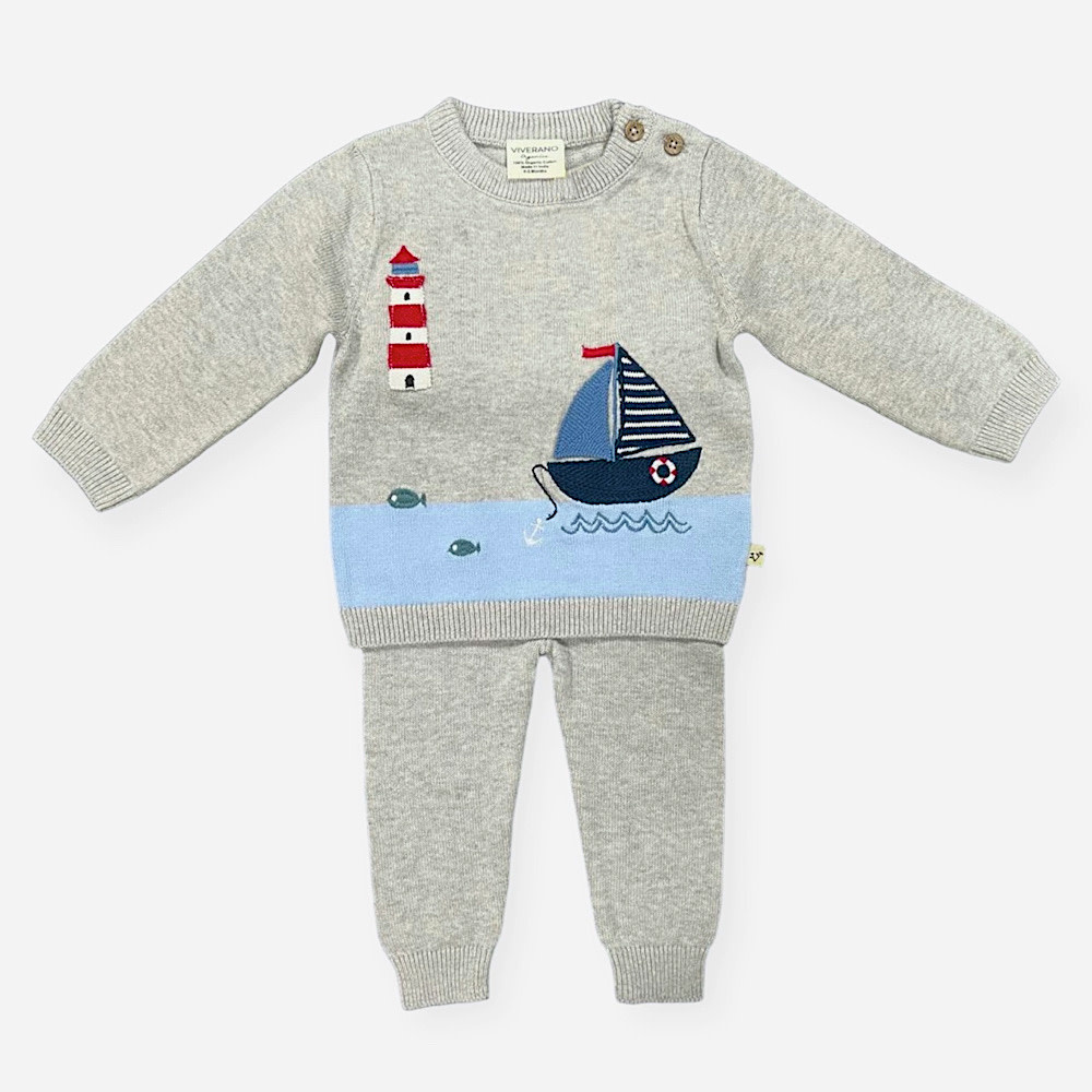 Viverano Organics Baby Knit Pullover & Pants Set - Lighthouse & Boat