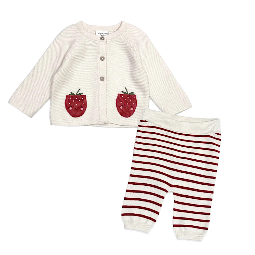Viverano Organics Viverano Organics Embroidered Baby Cardigan & Pants - Strawberry