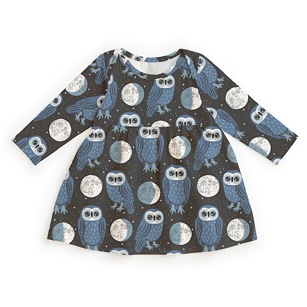 Winter Water Factory Lausanne Baby Dress - Midnight Owls Charcoal & Blue