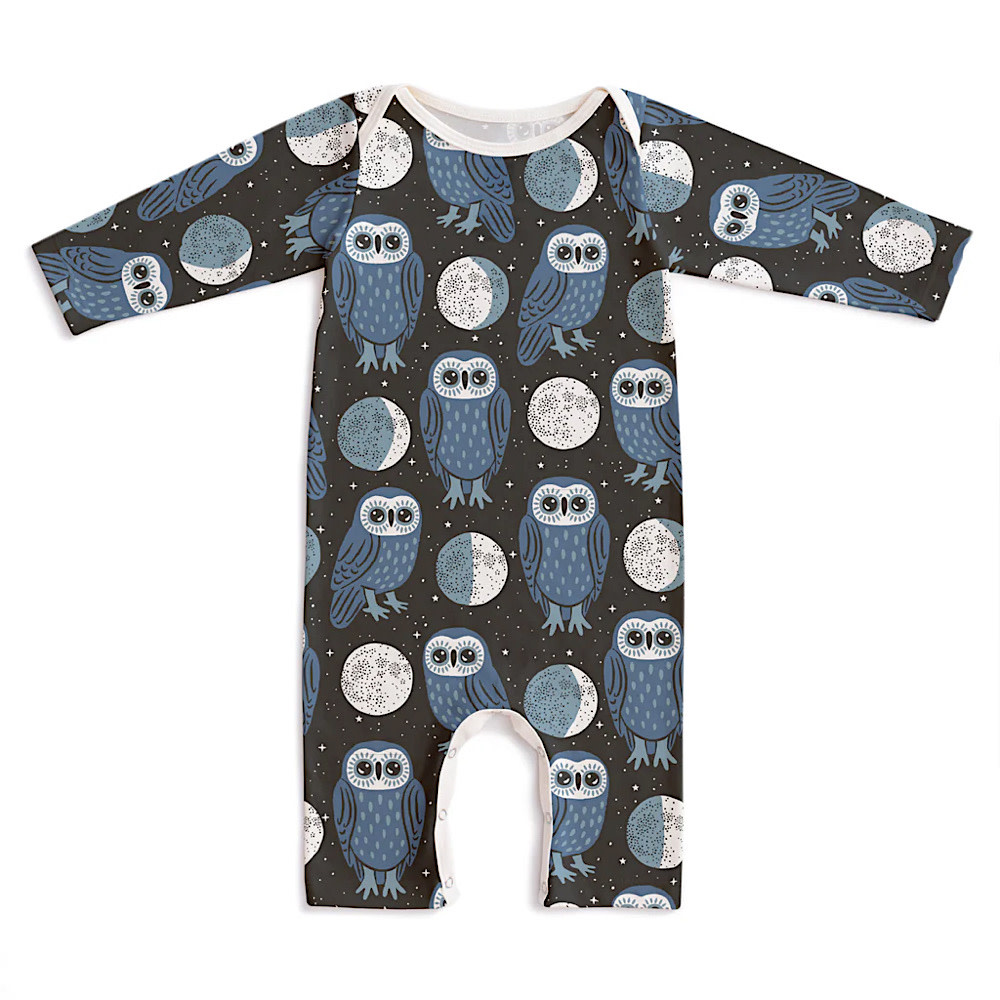 Winter Water Factory Winter Water Factory Long Sleeve Romper - Midnight Owls Charcoal & Blue
