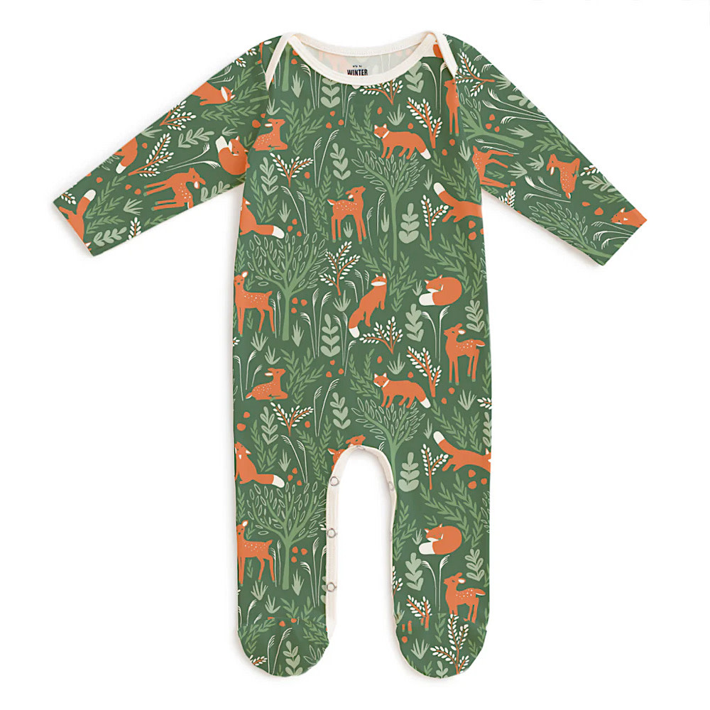 Winter Water Factory Long Sleeve Footed Romper -  Deer & Foxes Green