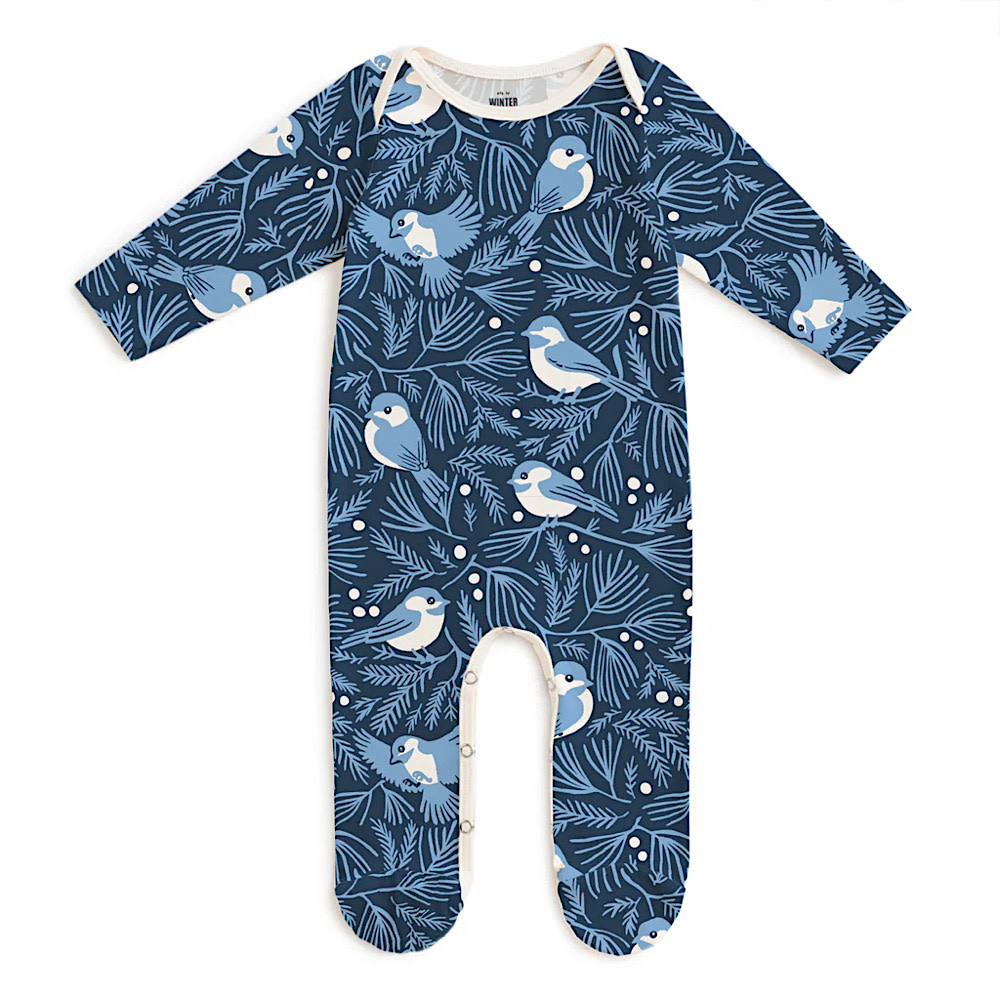 Winter Water Factory Long Sleeve Footed Romper -  Chickadees Navy & Blue