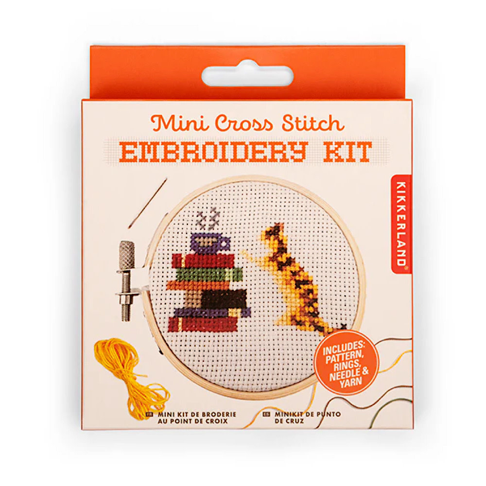 Mini Cross Stitch Embroidery Kit - Book Cat