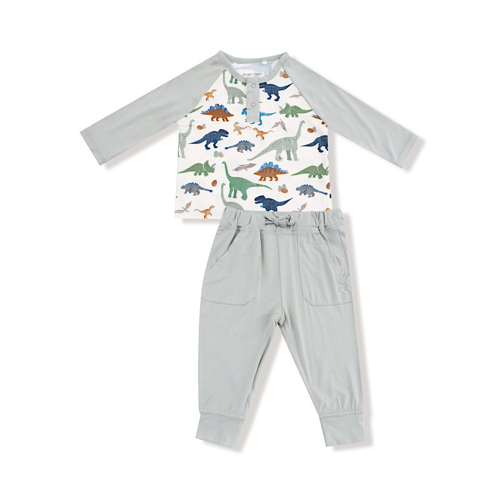 Angel Dear Long Sleeve Raglan Henley + Jogger - Washy Dinos