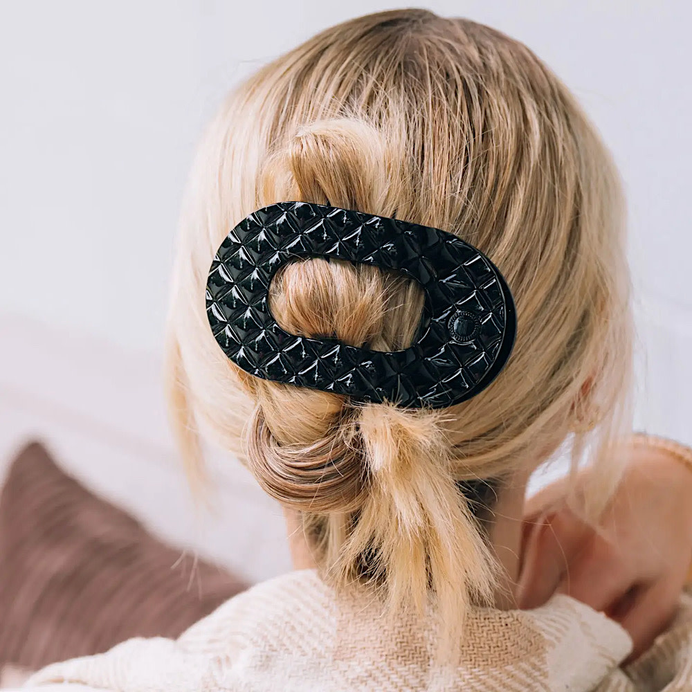 Teleties Flat Round Clip - Large - Jet Black Quilted