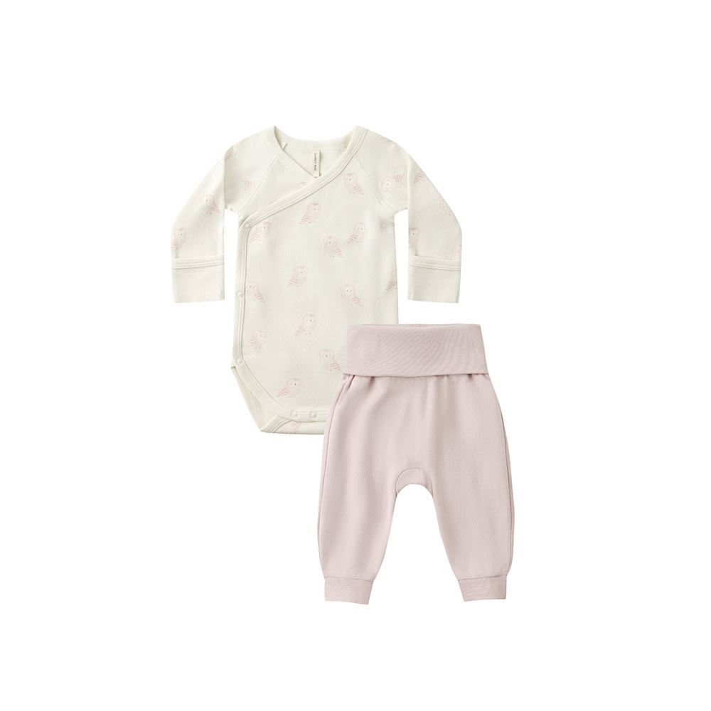 Quincy Mae Quincy Mae Side Snap Bodysuit + Pant Set - Snow Owls