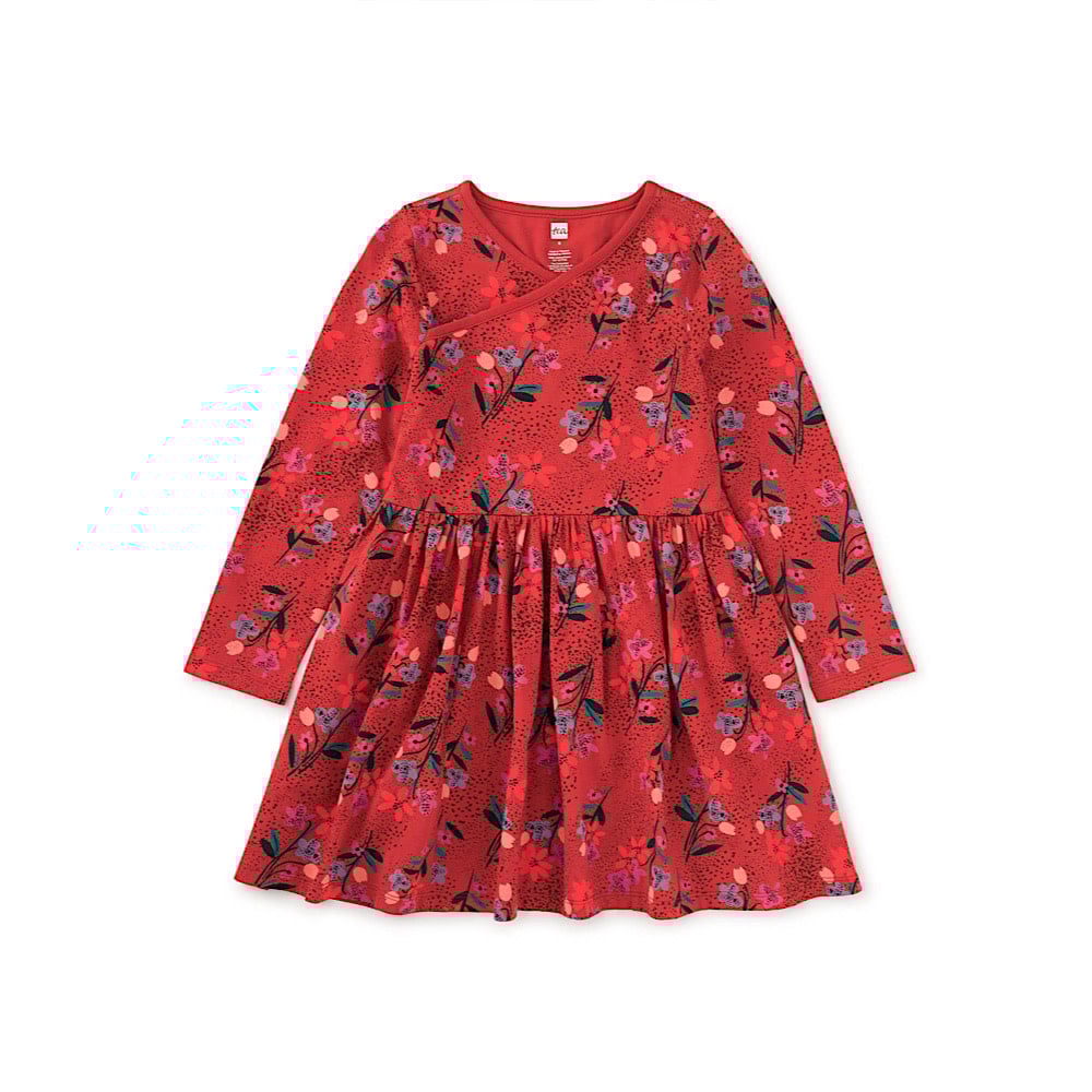 Tea Collection Long Sleeve Wrap Neck Dress - Red Vintage French Flowers