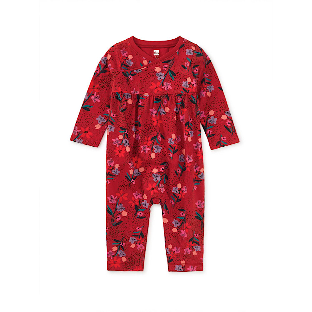 Tea Collection Tea Collection Ruffle Shoulder Baby Romper - Red Vintage French Flowers